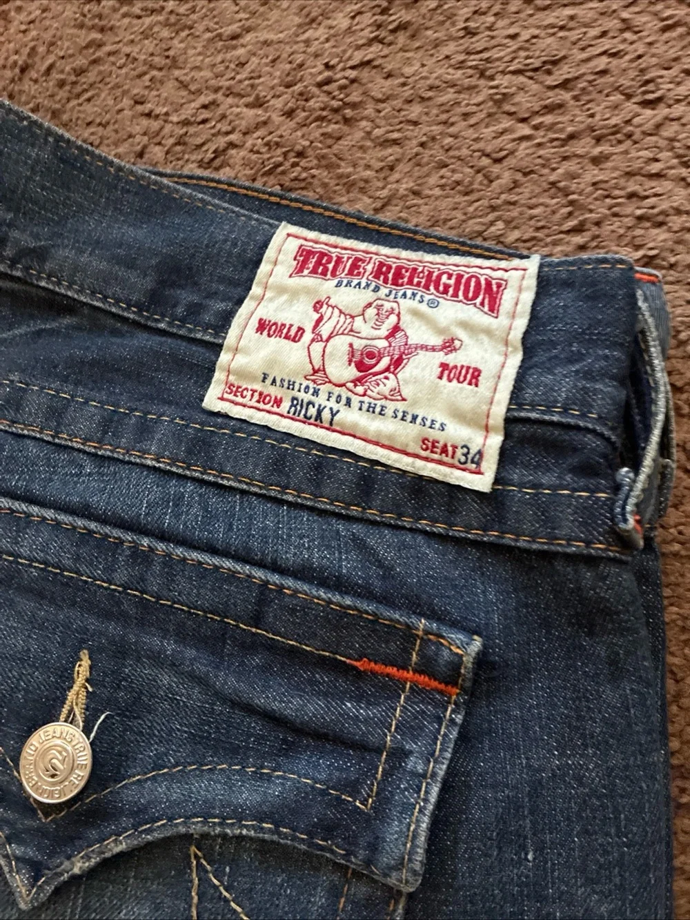 True religion Men's Dark Blue Distressed Straight-Leg Jeans 36 vtg